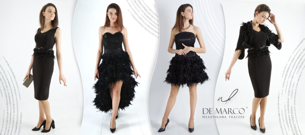 Polskie sukienki z piórami od De Marco. Czarna suknia balowa od projektanta W. Frączek