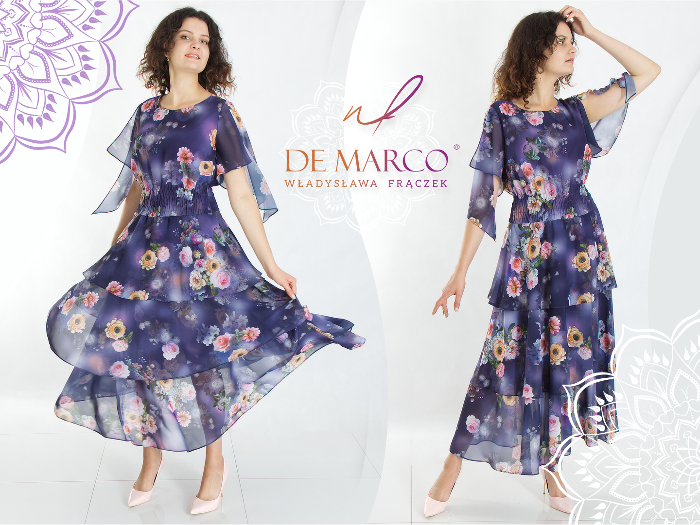 Elegancka sukienka koktajlowa do pracy De Marco polskie sukienki w kwiaty