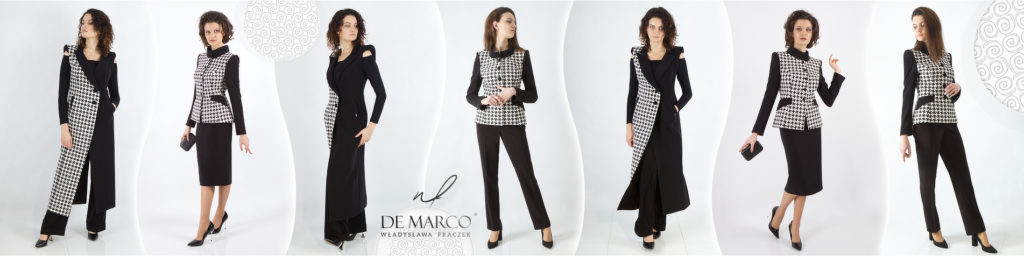 Najmodniejsze stylizacje na jesień zimę i wiosnę De Marco czarno białe płaszcze, garsonki i kostiumy damskie pepitka