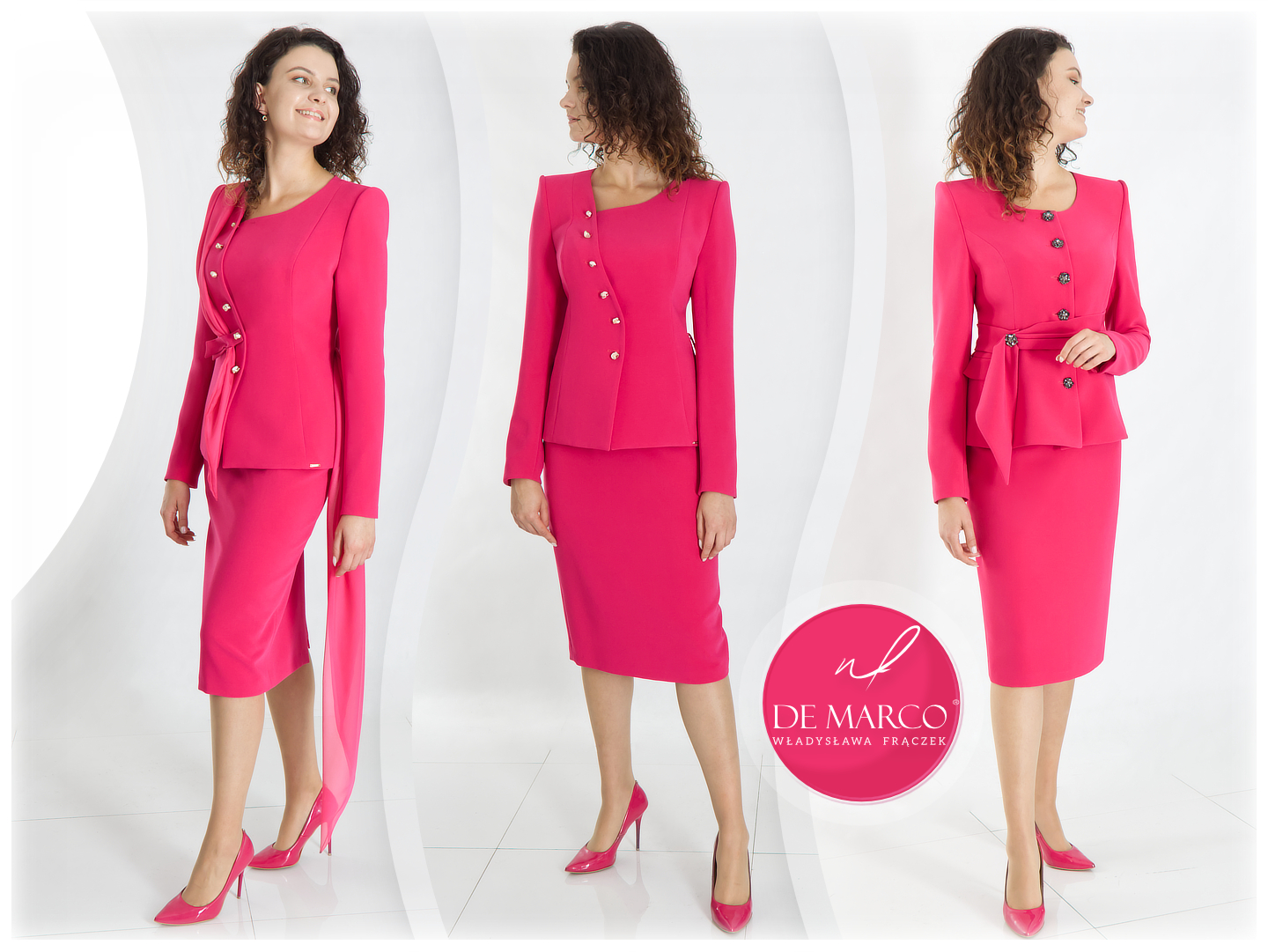 Gdzie i kiedy można założyć stylizacje w intensywnych kolorach? Różowe garsonki damskie nowoczesne stylizacje na jubileusz, inaugurację przejście na emeryturę.