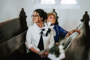 Elegancki zestaw żakiet z sukienką dla mamy wesela