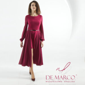 Modna sukienka burgund bordo magenta szycie na miarę De Marco