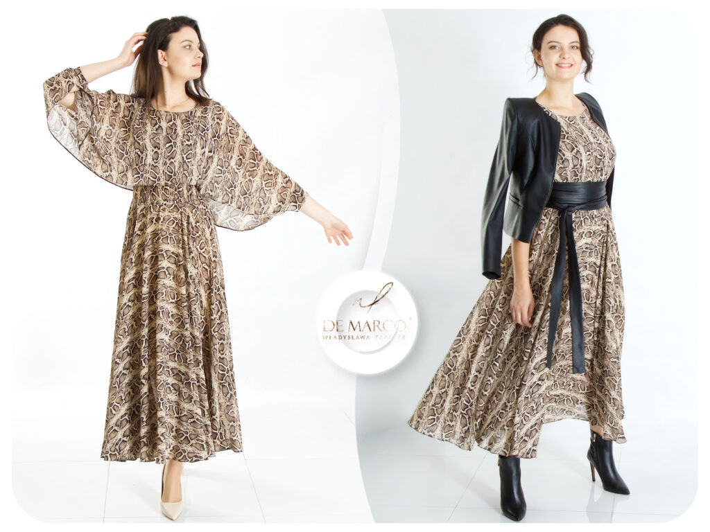 Eleganckie, modne i stylowe ubrania polskiej marki De Marco. Unikatowe kreacje dla 40 latki, 50 latki, 60 latki. Modne Sukienki w wężową skórę z żakietem ze skóry ekologicznej.