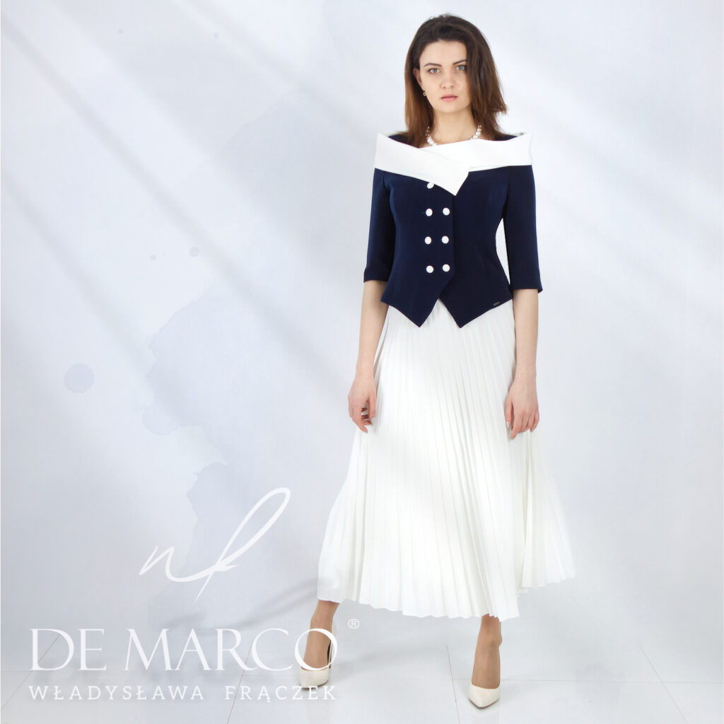 Luksusowa polska marka De Marco haute couture. Komplet spódnica plisowana z żakietem 