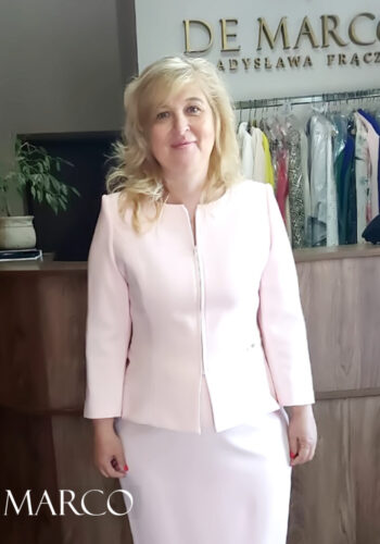 elegancka garsonka De Marco szycie miarowe u projektantki ekskluzywnej odzieży damskiej Władysławy Frączek