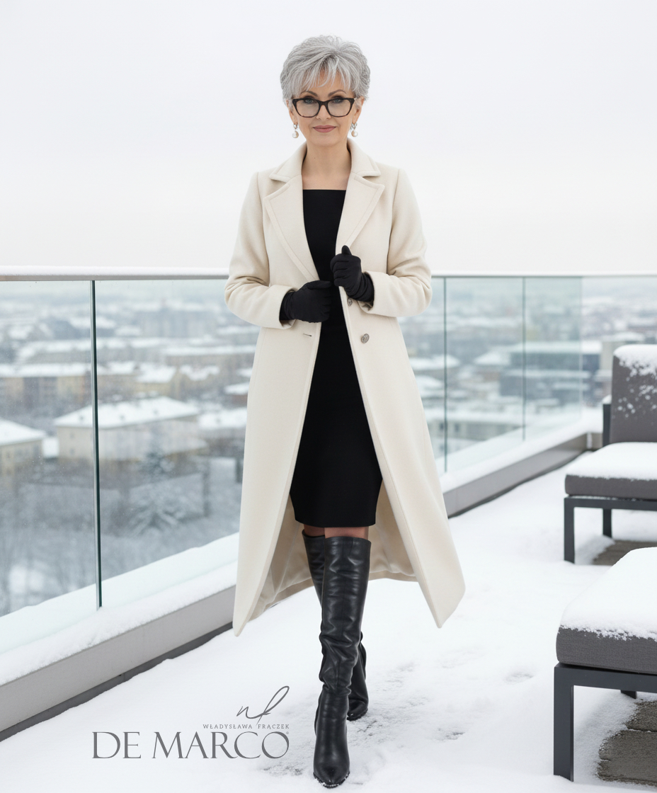 Zimowy wełniany płaszcz w stylu quiet luxury – biały płaszczyk damski