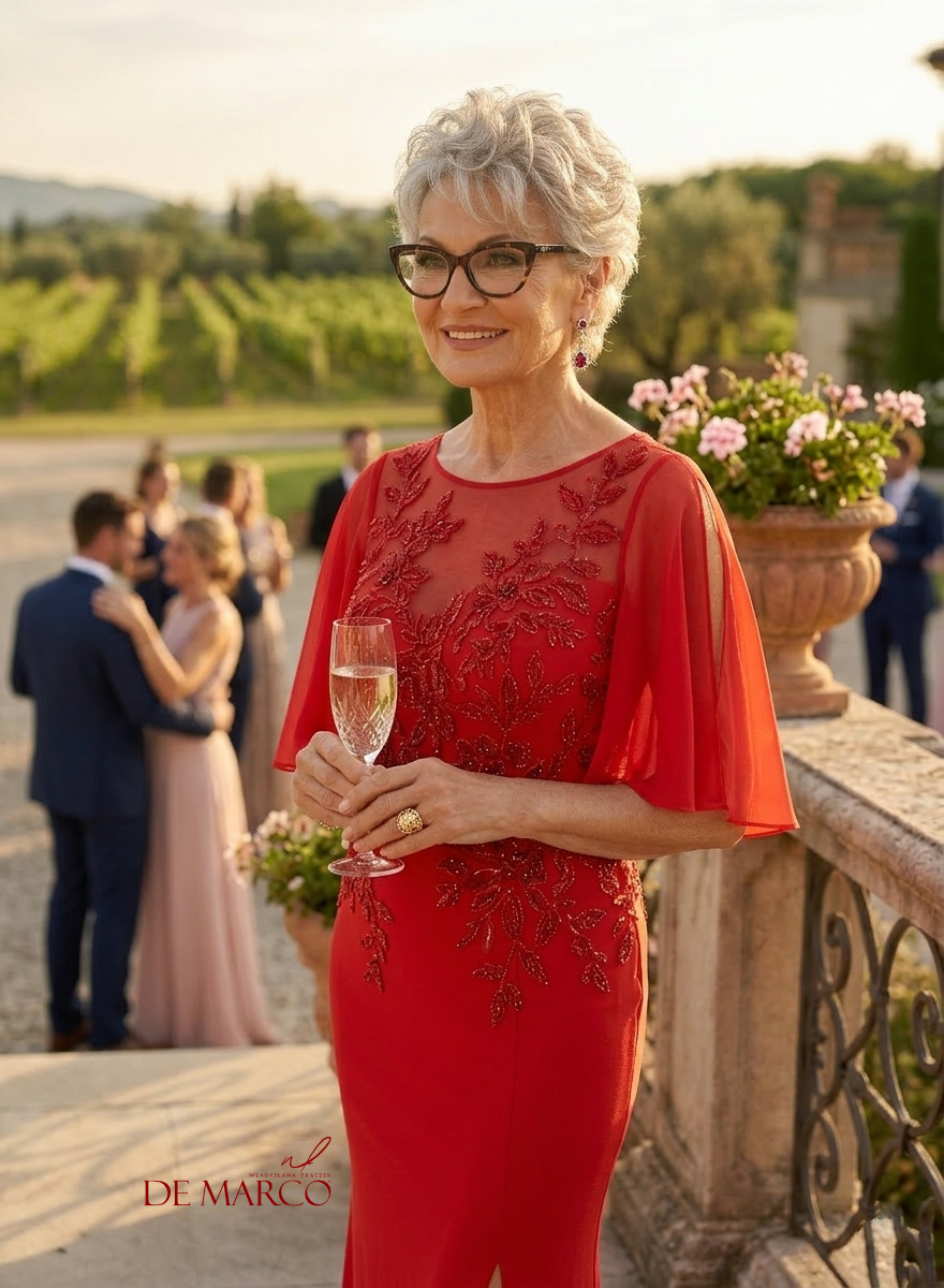 Czerwona długa sukienka dla mamy panny młodej lub pana młodego De Marco szycie na miarę unikatowych kreacji damskich pod Krakowem