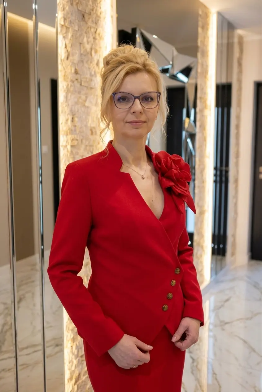 Czerwona garsonka maxi. Nowoczesna stylizacja dla kobiety sukcesu